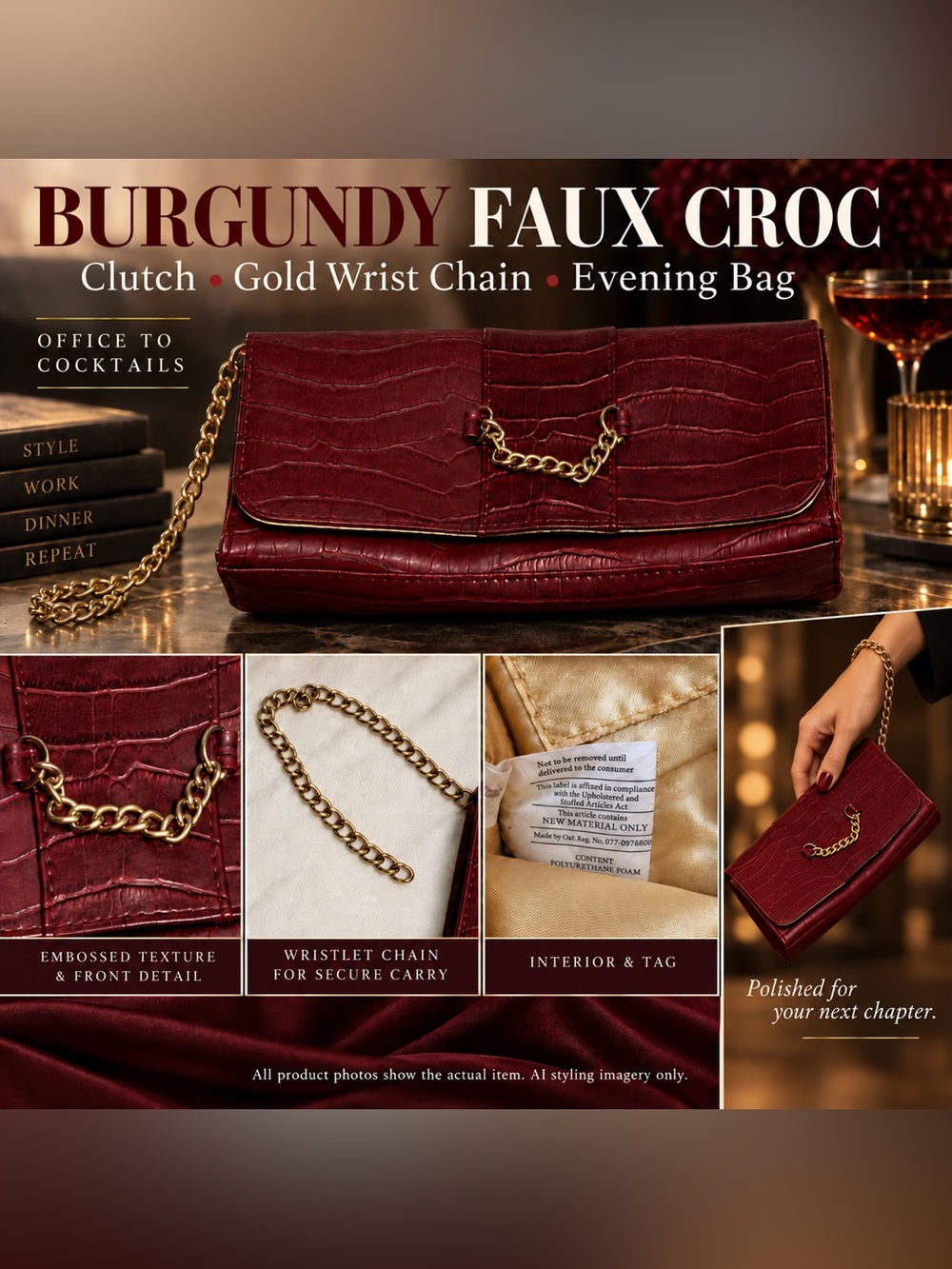 Burgundy Faux Croc Wristlet Clutch Gold Chain Y2K Evening Bag fall winery chic